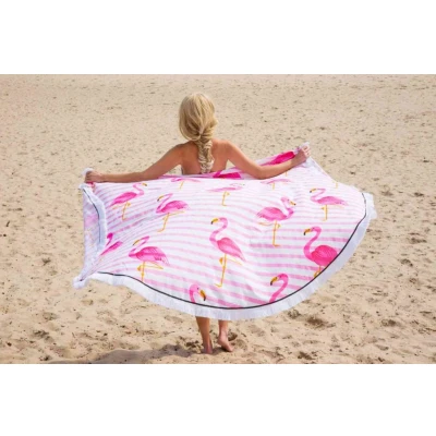 Afbeelding van Rond strandlaken roundie XL Ø 175cm Call it Fouta! Gypsy Flamingo pink fringe beach towel katoen
