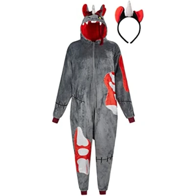 Afbeelding van corimori Fluffy Zombie Eenhoornkostuum voor Volwassenen met Hoofdband Halloween Onesie Kostuum Vrouwen Heren Maat 180 190 cm