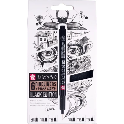 Afbeelding van Pigma Micron Black Edition set + gratis etui 6 pennen zwart