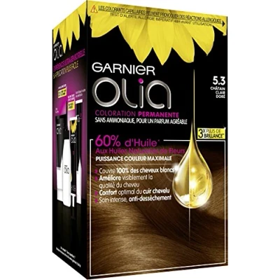 Afbeelding van Garnier Permanente haarkleur, zonder ammoniak, met natuurlijke bloemolie, lichtbruin, goudkleurig (5,3), Olia