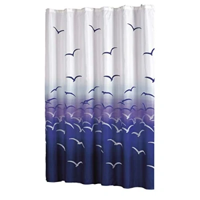 Afbeelding van MSV Douchegordijn, schimmelwerend, antibacterieel, wasbaar, waterdicht, met 12 douchegordijnringen, polyester, meeuwenmotief, 180 x 200 cm