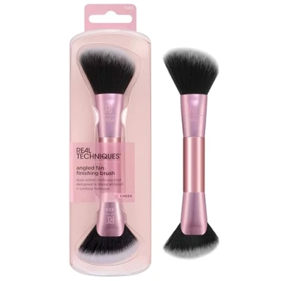 Image de Real Techniques Pinceau Finition Éventail Biseauté, outil maquillage 2 en 1 pour blush, bronzer &amp; contour, utilisable avec liquide, crème poudre, végan, sans cruauté, format voyage, pièce