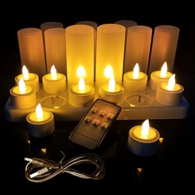 Afbeelding van QSPORTPEAK USB oplaadbare led kaarsen, 12 stuks vlamloze batterijkaarsen met laadstation, kabel en kaarsenhouders voor kerstdecoratie, Halloween