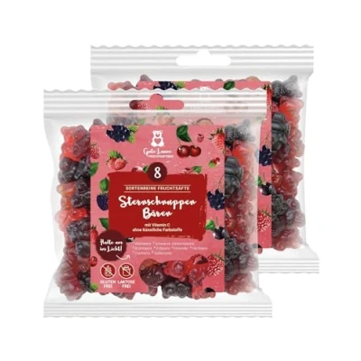 Afbeelding van Set van 2 verpakkingen vrolijk fruit rode vallende sterren 20% gevarieerd vruchtensap zonder kunstmatige kleurstoffen en smaakversterkers gluten lactosevrij