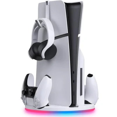 Afbeelding van Standaard met dubbele controller oplader voor PS5 Slim Verticale houder hoofdtelefoonhaak PlayStation 5 koude RGB lampen efficiënt opladen laadstation gamepad