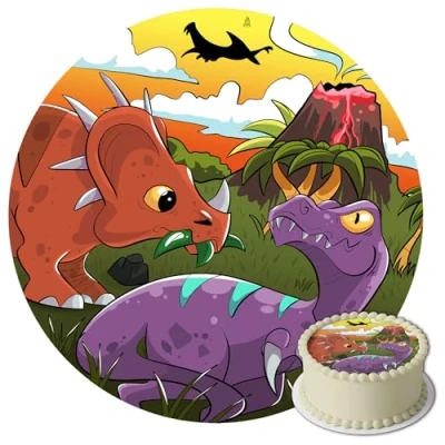 Afbeelding van J&amp;M DECO Eetbare taartdecoratie, verjaardagstaartdecoratie, dinosaurus, rond, 20 cm
