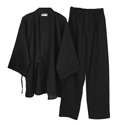 Afbeelding van Mannen Japanse Kimono Katoen Hanfu Oude Pyjama Pak Plus Size Taoïstische Kleding Zen Kleding, Zwart, XL