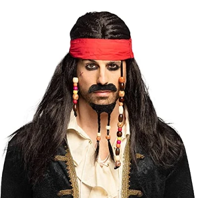 Afbeelding van Boland 86343 Pirat Tobias pruik met bandana, baard, snor en parels, kunsthaar, kapsel, bandiet, brigand, kapitein, accessoire, themafeest, carnaval