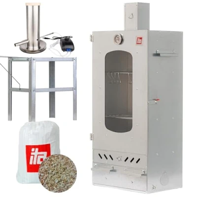 Afbeelding van ITA Rookoven 7012 Smokerset met rookgenerator, tafel, kast raam en open haard, gelegeerd staal, EU kwaliteit, directe fabrikant, 81 cm 3 niveaus
