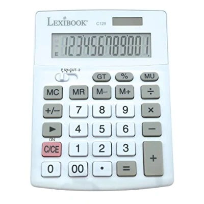 Afbeelding van Lexibook, C129 Bureaurekenmachine, 12 cijferig, met lcd display, 8 functies, grote toetsen, zonne energie en batterijen, wit/grijs,