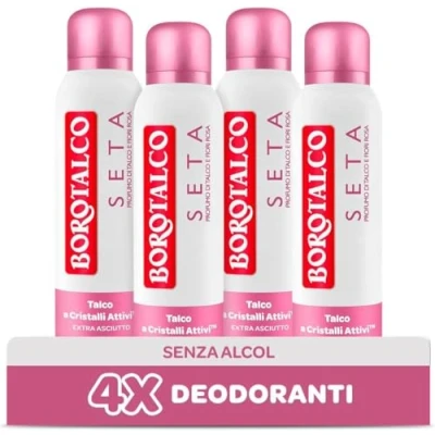 Afbeelding van Borotalco, Deospray zijde met actieve kristallen talk, drievoudige droge bescherming, zonder alcohol, talkgeur en roze bloemen, 48 uur effectiviteit 4 stuks à 150 ml exclusief Amazon