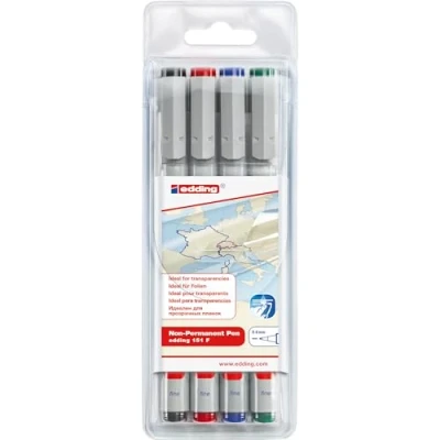Afbeelding van edding 151 S/4 F Non permanent pen set assorti 4 stuks: zwart, rood, blauw, groen 0,3mm