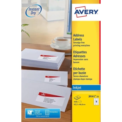 Afbeelding van Avery J8161 25 adresetiketten ft 63,5 x 46,6 mm (b h), 450 etiketten, wit etiket