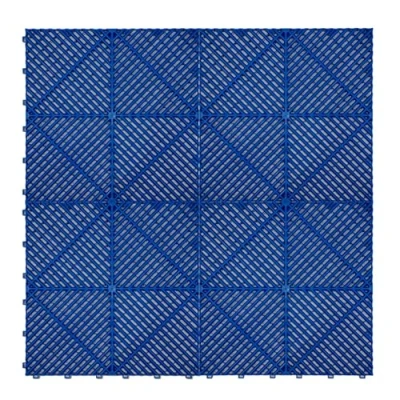 Afbeelding van Modulaire geventileerde kliktegels van blauw polypropyleen 3,2m x 6m, antislip, weerbestendig, 120 stuks met randen, draagcapaciteit 5 ton, ideaal voor garage en werkplaatsen.