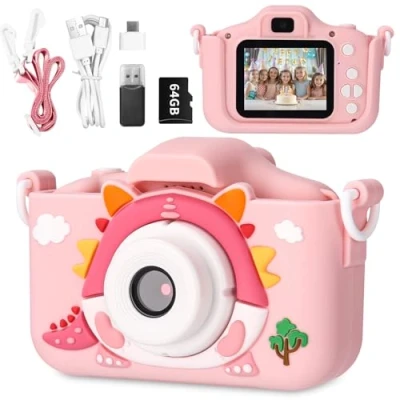 Afbeelding van 1080p HD digitale kindercamera met 2,0 inch display 64G geheugenkaart, 3 12 jaar verjaardag, roze