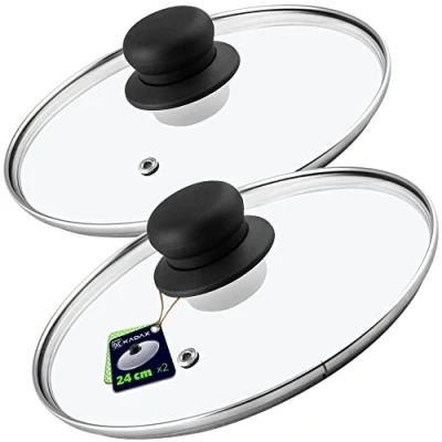 Afbeelding van KADAX Set glazen deksels, potdeksel, Ø 14 30 cm, hittebestendig deksel voor pot, pan, pannendeksel met kunststof handgreep, universeel (2 x 24 cm)