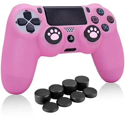 Afbeelding van HLRAO PS4 Controller Skin Pink, Antislip Grip Siliconen Cover Beschermhoes Compatibel voor PS4/Slim/Pro Wireless/Wired Gamepad met 8 x FPS Pro Thumb Caps + 2 Cat Paw Caps.
