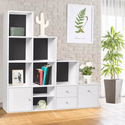 Image de Meuble de rangement en escalier LIAM 4 niveaux bois blanc + porte/tiroirs blancs fond gris