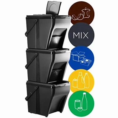 Afbeelding van KADAX Systeem voor afvalscheiding, modulaire kunststof afvalbak, recyclingemmer keuken en badkamer, opbergdoos, organische afvalemmer, afvalsorteerder (3 x 25 l)