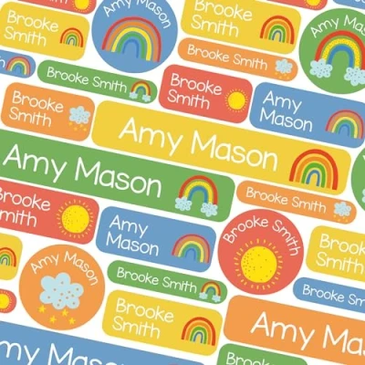 Afbeelding van 50 strijkvrije naamlabels voor kinderen, kleding, drinkflessen, schooluniformen, school, kleuterschool, foyer, wasbaar en vaatwasmachinebestendig, heldere regenboog (personaliseerbaar)