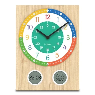 Afbeelding van Cander Berlin MNU 11130 T Stille kinderwandklok zonder tikken 35 cm digitaal analoog houtfineer