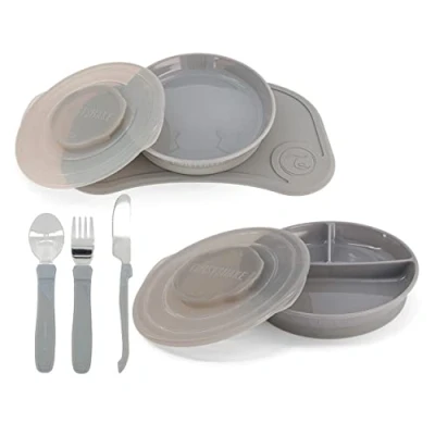 Afbeelding van Twistshake Babyserviesset, 6 delig, 1 x babyplacemat van siliconen, kinderbord, deelbord, 3 leerbestek roestvrij staal, maanden, grijs