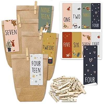 Afbeelding van Adventskalender om te vullen 24 cadeauzakjes en cijferstickers clips motief Engels knutselen Kerstmis Miniset Nr. 272