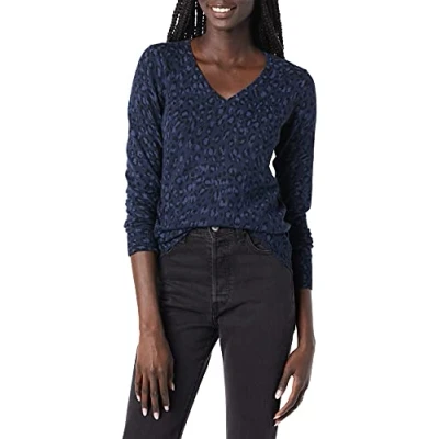 Image de Amazon Essentials Chandail léger à manches longues et col en V pour femme (disponible grande taille), motif guépard, bleu marine, taille XS