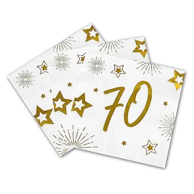 Afbeelding van Tralala Fêtes® 16 servetten voor de 70e verjaardag wegwerpservetten van papier, 3 lagen, feestelijke decoratie, wit en goud (goud), 33 x cm opengeklapt (70 jaar)