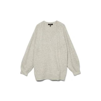 Image de VERO MODA Vmleaf Ls Pull en tricot à col V pour femme, Gris clair chiné, S