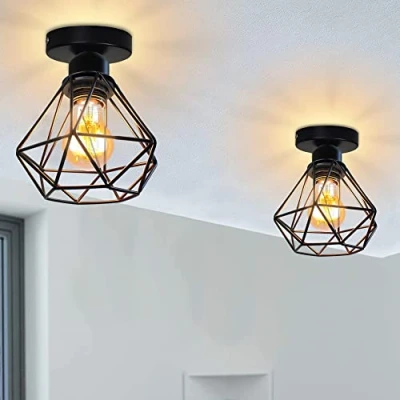 Afbeelding van iDEGU Set van 2 industriële metalen plafondlamp, vierkant, 16 cm, lampenkap, kroonluchter, ijzeren tint, E27, 40 W, zwart, voor woonkamer, slaapkamer, bar (mini diamant A)