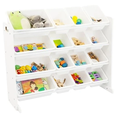 Afbeelding van Humble Crew Kinderrek, speelgoedorganizer extra grote capaciteit met 16 kunststof opbergbakken, wit