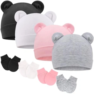 Afbeelding van DRESHOW Babymutsen en wanten, beschermende pasgeborenen, peuters, zacht, schattig, gebreid, muts, 0 6 maanden, één maat, 4 Sets: Bear Ears Hoeden &amp; Mittens Double Layer H01