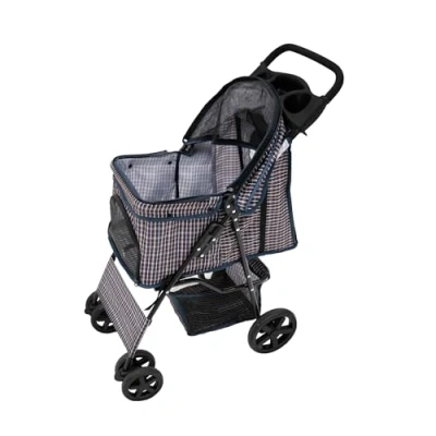 Afbeelding van Opvouwbare Huisdierenwagen met Regenhoes Ruitblauw Comfortabel en Veilig Stevig Stalen Frame, Geschikt voor Honden Katten tot 15kg Voorzien van Ventilatie, Opbergmand Bekerhouder