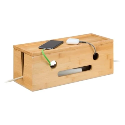 Afbeelding van Relaxdays kabelbox 15,5x42x16 cm voor 2 stekkerdozen 8 uitsparingen bamboe