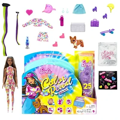 Afbeelding van Barbie Color Reveal Complete Neon Mode, pop met bruin haar en blauwe reflecties, 25 verrassingen, waaronder kleurverandering, cadeau voor kinderen