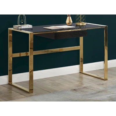 Afbeelding van Pascal Morabito Bureau SALI 1 lade Gehard glas en staal Zwart goudkleurig van L 120 cm x H 76 D 60