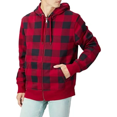Image de Amazon Essentials Sweat shirt à capuche en polaire avec fermeture éclair intégrale (grandes tailles disponibles) Men&#039;s, Noir Rouge Carreaux Lainés, XXL