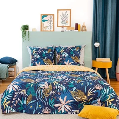 Afbeelding van CÔTE DECO Beddengoedset voor tweepersoonsbed, dekbedovertrek 260 x 240 cm, 2 kussenslopen 63 motief tropische bladeren, 100% zacht katoen, blauw (260 cm)