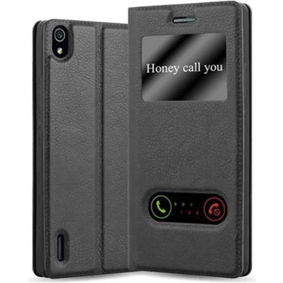 Afbeelding van Cadorabo Hoesje geschikt voor Huawei ASCEND P7 in KOMEET ZWART Beschermhoes met magnetische sluiting, standfunctie en 2 kijkvensters Book Case Cover Etui