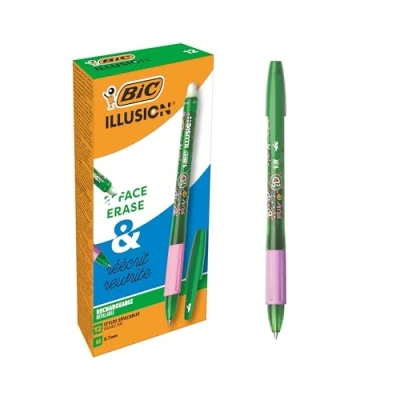 Afbeelding van BIC Illusion Uitwisbare en navulbare pennen met medium punt (0,7 mm) groene inkt doos 12 stuks