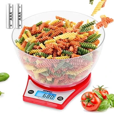 Afbeelding van Duronic KS6000 RD Keukenweegschaal met een capaciteit van 5 kg, nauwkeurigheid 1 g, inclusief kom 2 l, groot display achtergrondverlichting, TARE functie voor het toevoegen gewichten,