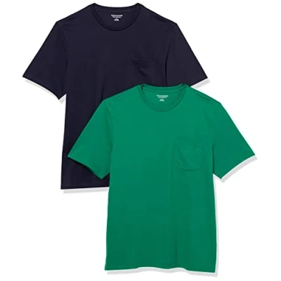 Image de Amazon Essentials Lot de 2 t shirts à manches courtes et col rond pour homme, coupe classique, vert/bleu marine, taille S