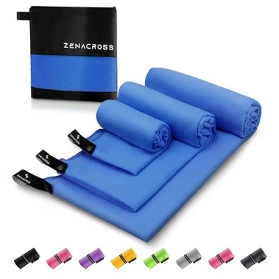Afbeelding van Zenacross Microvezelhanddoek (set van 3) met draagtas, compacte sporthanddoek, sneldrogend en absorberend, S, M, L blauw