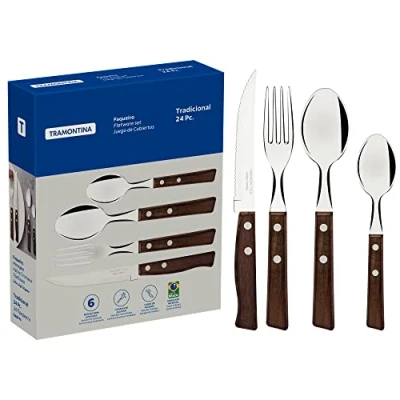 Afbeelding van Tramontina 22299050 Bestekset met steakmessen, 24 delig, scherp mes, vorken, theelepels, soeplepels houten handgrepen, voor camping, keuken, rustiek,