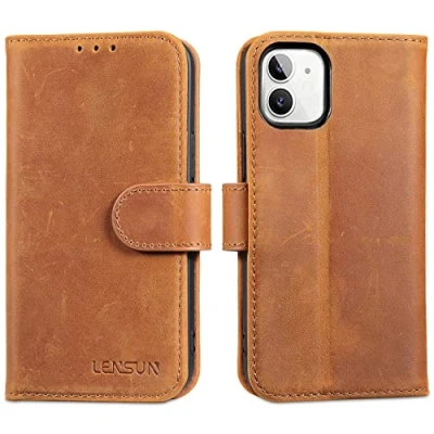 Afbeelding van LENSUN beschermhoes voor iPhone 12 Mini, van echt leer, RFID blokkering, met kaartvakken en magneetsluiting, portemonnee retro bruin