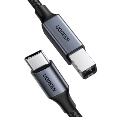 Afbeelding van UGREEN Scannerkabel Thunderbolt 3 type C stekker naar USB B mannelijk nylon gevlochten zwart compatibel met MacBook Pro Air iPad iMac Chromebook Pixel XPS 17 15 (2 m)