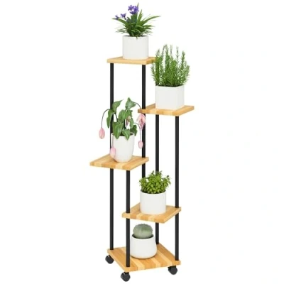 Afbeelding van Outsunny Plantenstandaard met 5 niveaus voor binnen en buiten, plantenrek 4 wielen, plantenhouder van staal hout tuin, terras, balkon, woonkamer, natuurlijk
