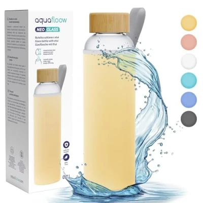 Afbeelding van Aquafloow Transparante waterflessen, brosilicaat neopreen etui, 700 ml, glazen waterfles met bamboedeksel, BPA vrij, ideaal voor kantoor, school, thuis, geel