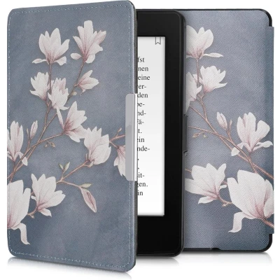 Afbeelding van kwmobile E reader hoesje geschikt voor Amazon Kindle Paperwhite hoes flip case met magnetische sluiting Ereader cover Magnolia design in taupe / wit blauwgrijs